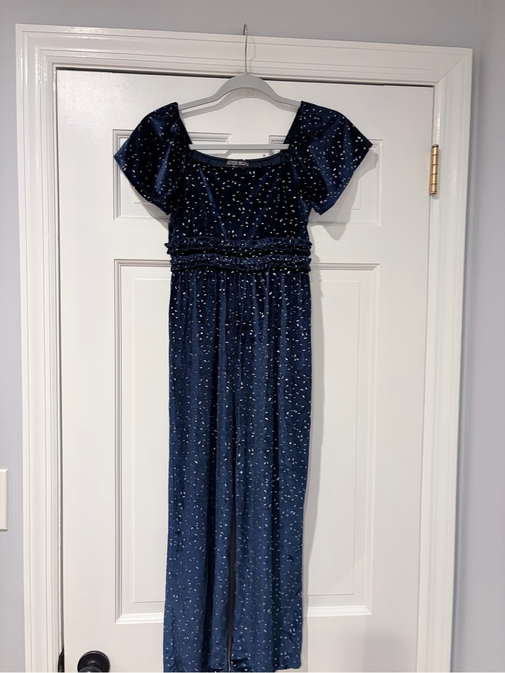 Girls Navy Blue Velour Sparkle Smock Waist Jumpsuit Large